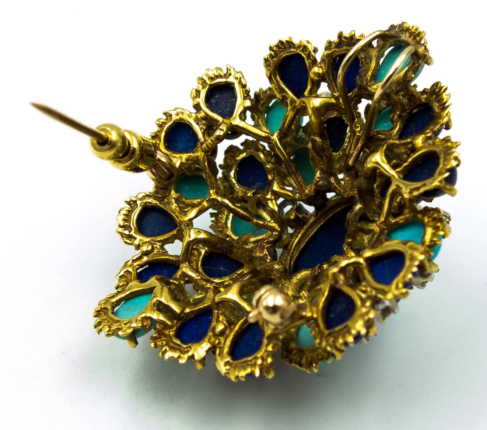 Turquoise Lapis Diamond Gold Cocktail Brooch 1