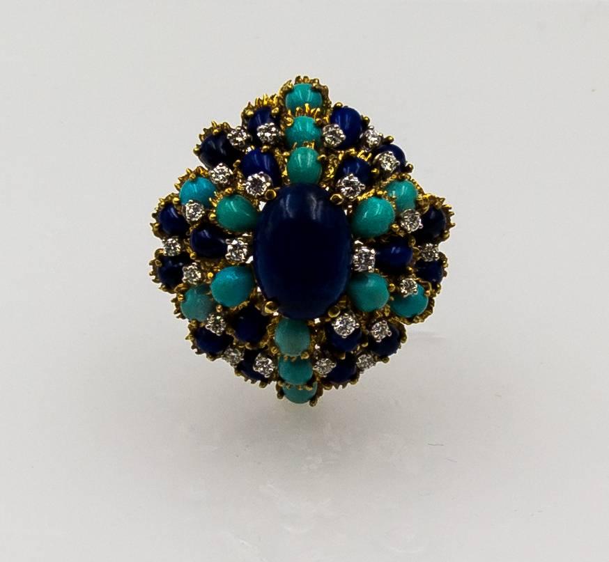 Turquoise Lapis Diamond Gold Cocktail Brooch 2