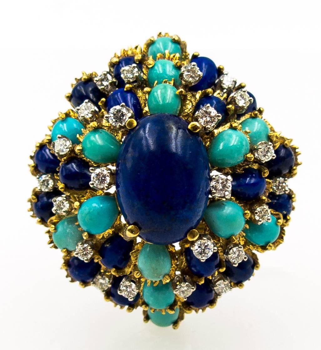 Turquoise Lapis Diamond Gold Cocktail Brooch 3