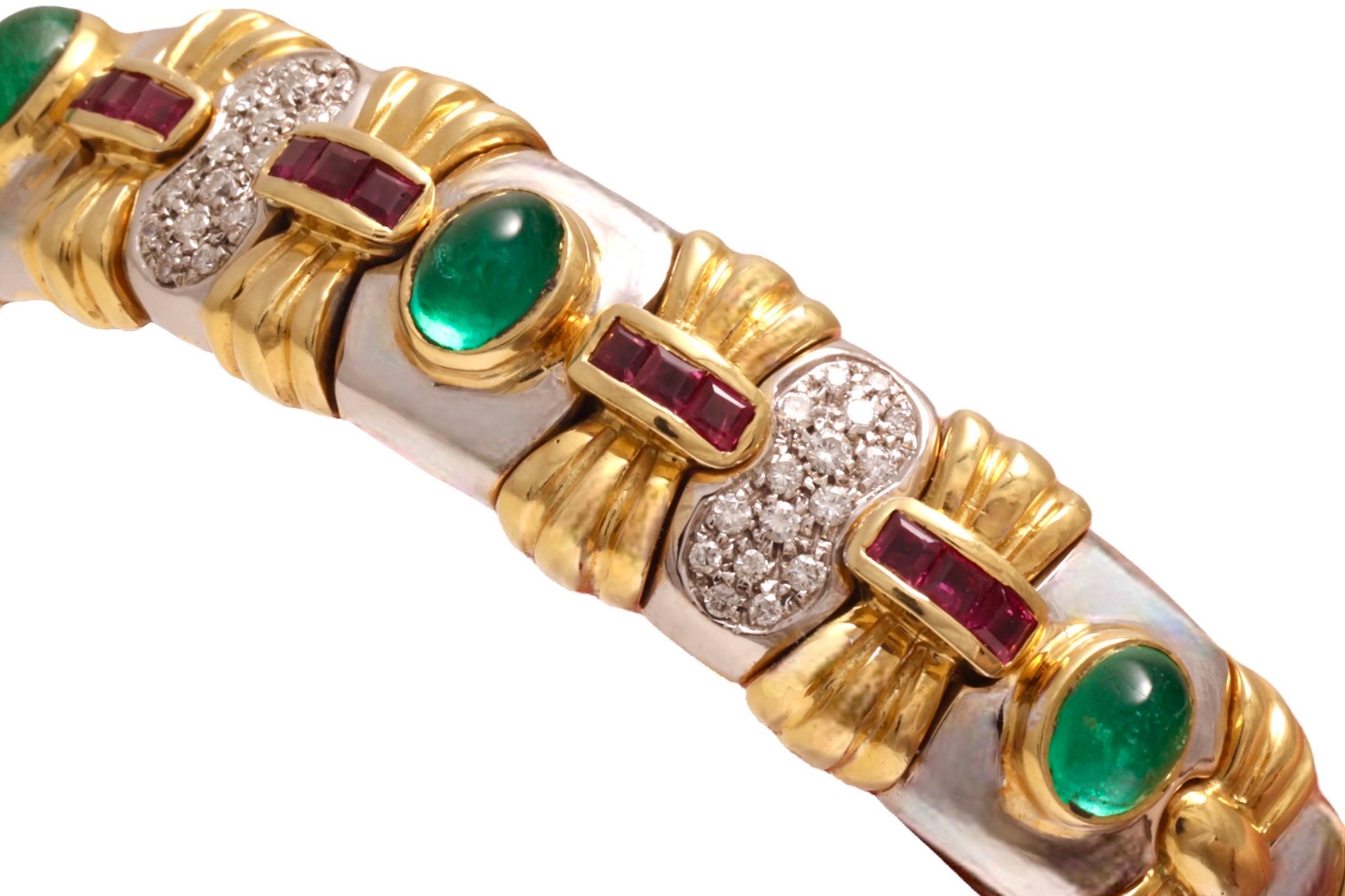 Bracelet jonc souple en or blanc et jaune 18 carats avec diamants et pierres précieuses en vente 5