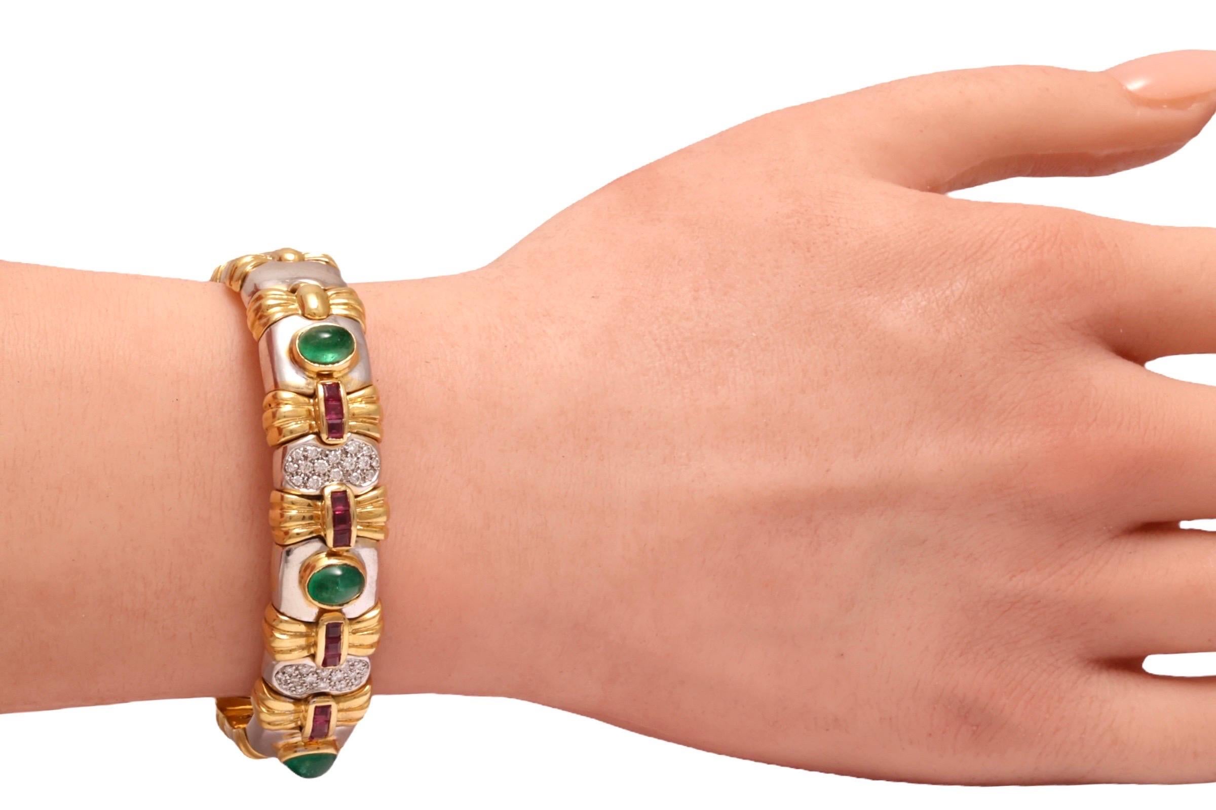 Artisan Diamond & Precious Stones Flexible Bangle Bracelet in 18kt White and Yellow Gold For Sale