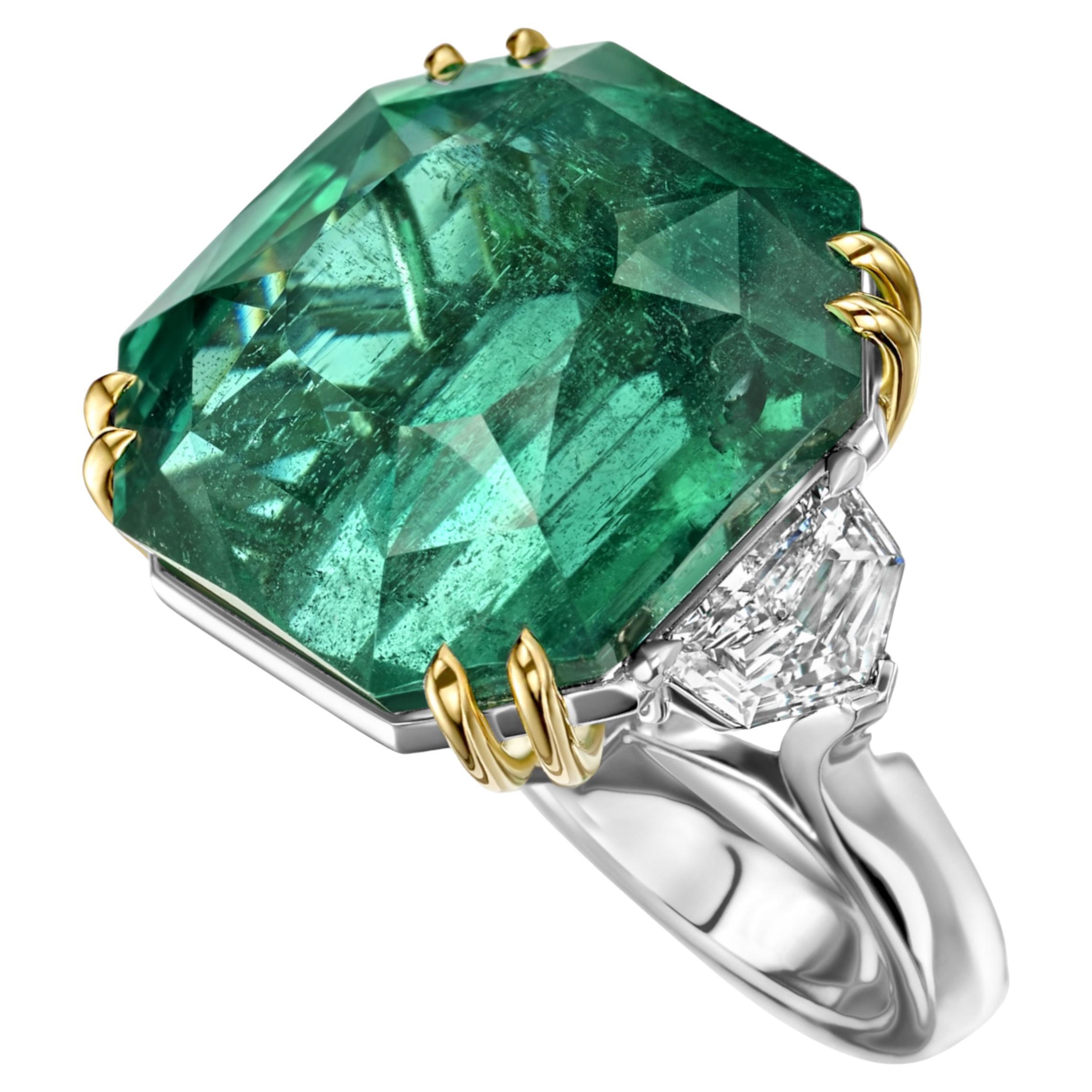 Platinum Ring with GRS Certified 37 Ct Natural No Oil Emerald & 1.21ct Diamonds For Sale