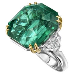 Used Platinum Ring with GRS Certified 37 Ct Natural No Oil Emerald & 1.21ct Diamonds