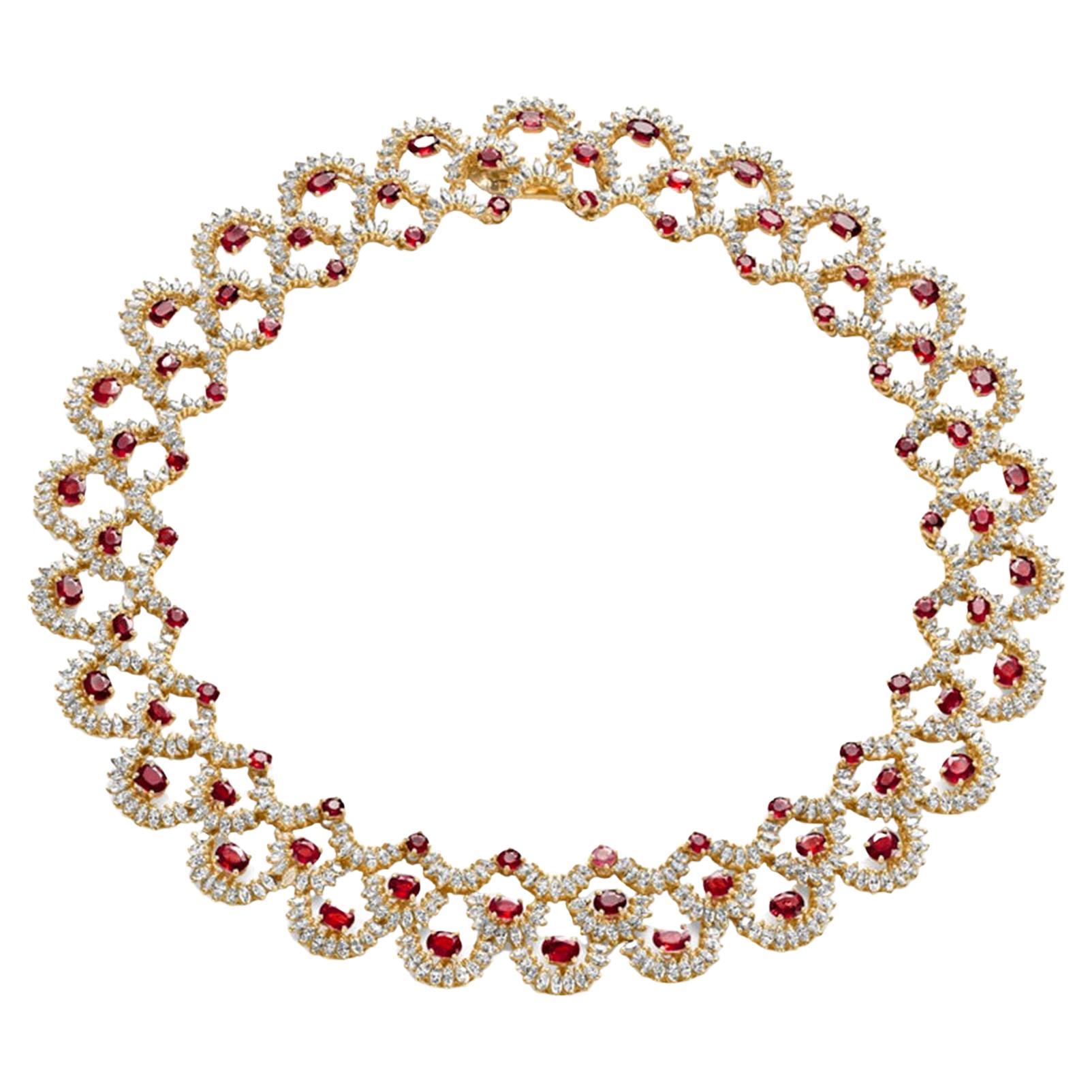 18kt Yellow Gold Choker Necklace 27ct. Rubies & 23ct. 676° Marquise Cut Diamonds