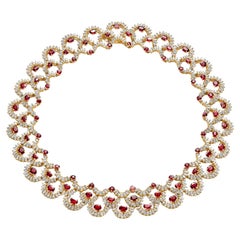 18kt Yellow Gold Choker Necklace 27ct. Rubies & 23ct. 676° Marquise Cut Diamonds