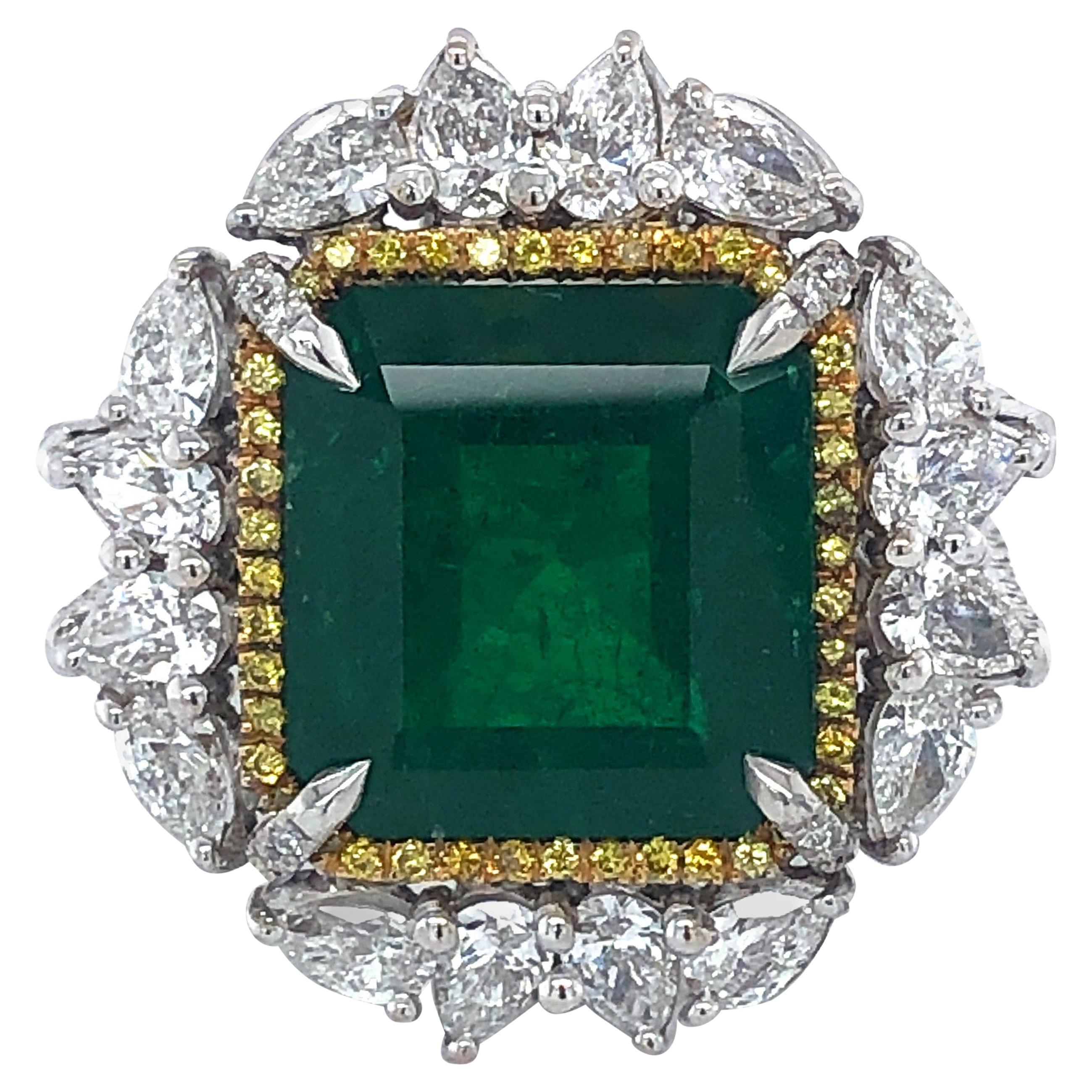 18kt white gold 11.46c Colombian Emerald Minor, 3.68c Diam, Ring Gubelin Cer For Sale