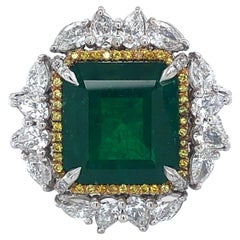 Vintage 18kt white gold 11.46c Colombian Emerald Minor, 3.68c Diam, Ring Gubelin Cer