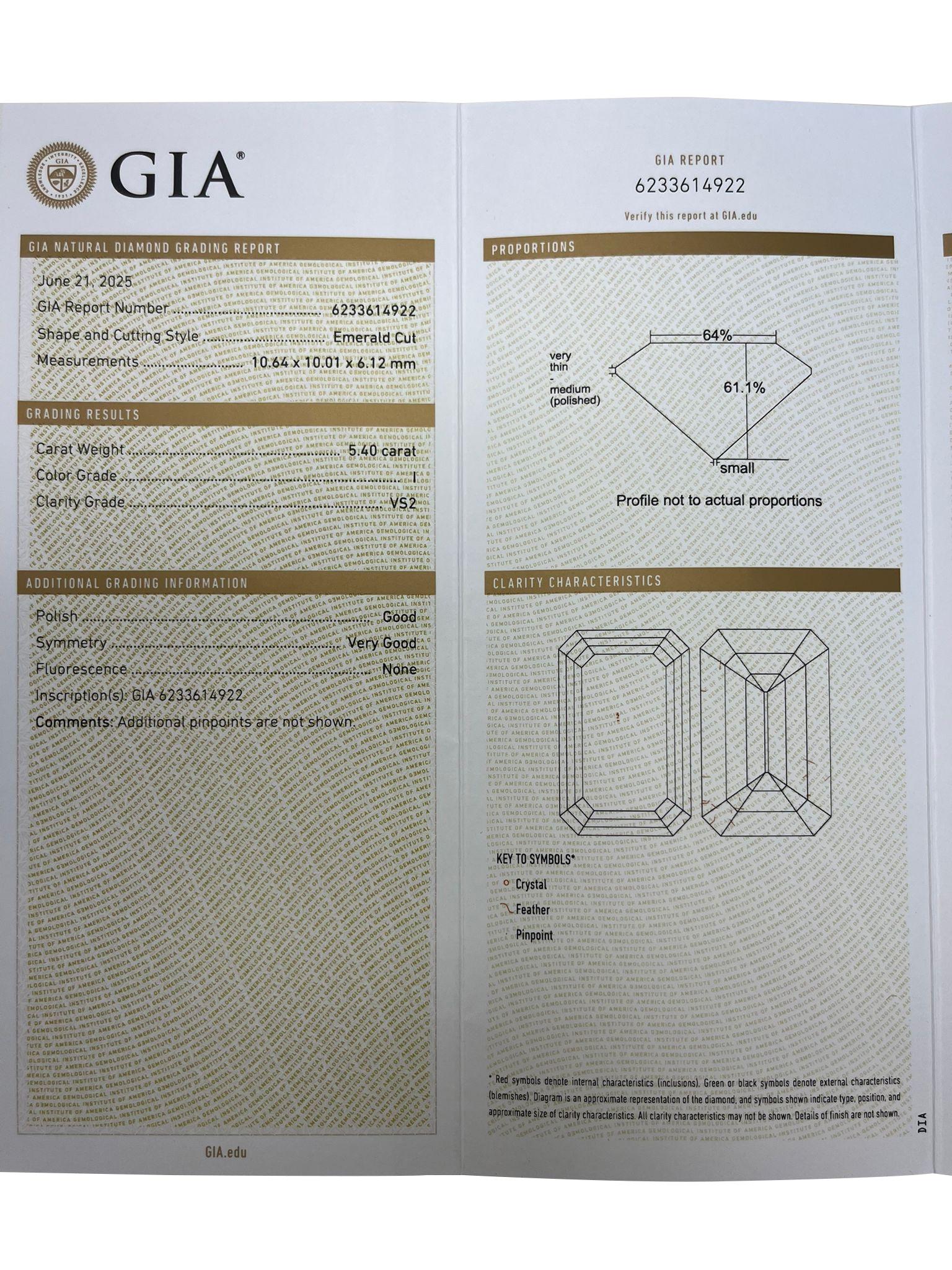 GIA 5.40ct Natural Center & Trapezoid Side Diamonds Emerald Cut Bague en platine en vente 14