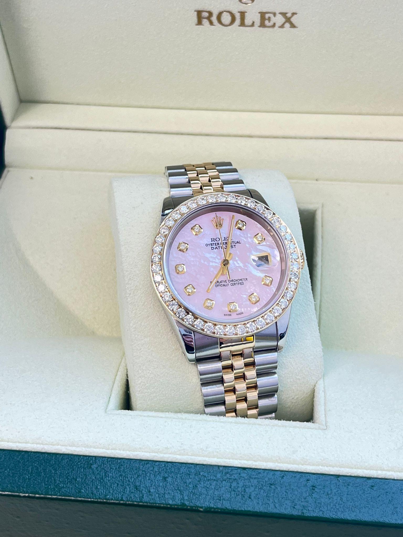Rolex Datejust 36mm Perlmutt Diamant Zifferblatt Lünette Gold Stahl Uhr 16233 für Damen oder Herren im Angebot