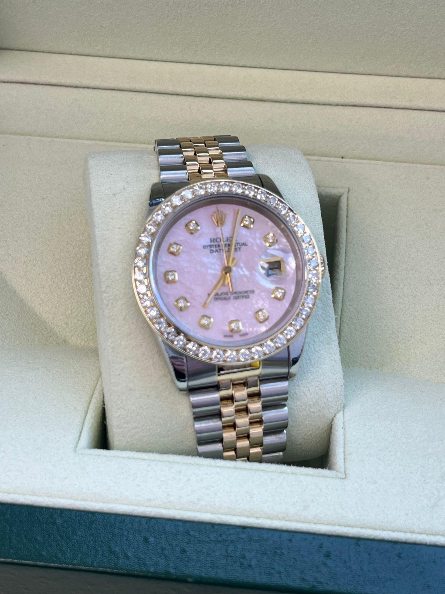 Rolex Datejust 36mm Perlmutt Diamant Zifferblatt Lünette Gold Stahl Uhr 16233 (Rundschliff) im Angebot