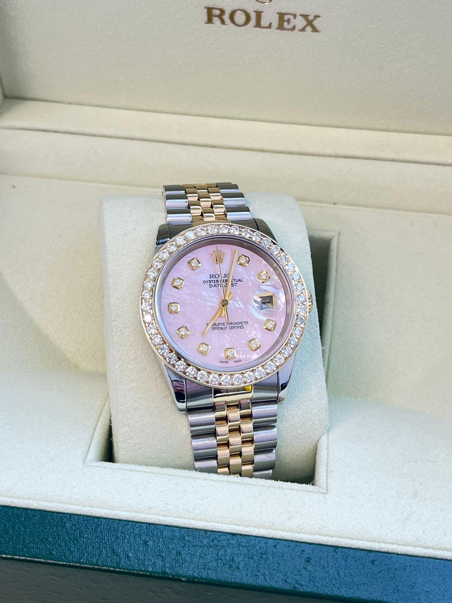Rolex Datejust 36mm Perlmutt Diamant Zifferblatt Lünette Gold Stahl Uhr 16233 im Angebot 1