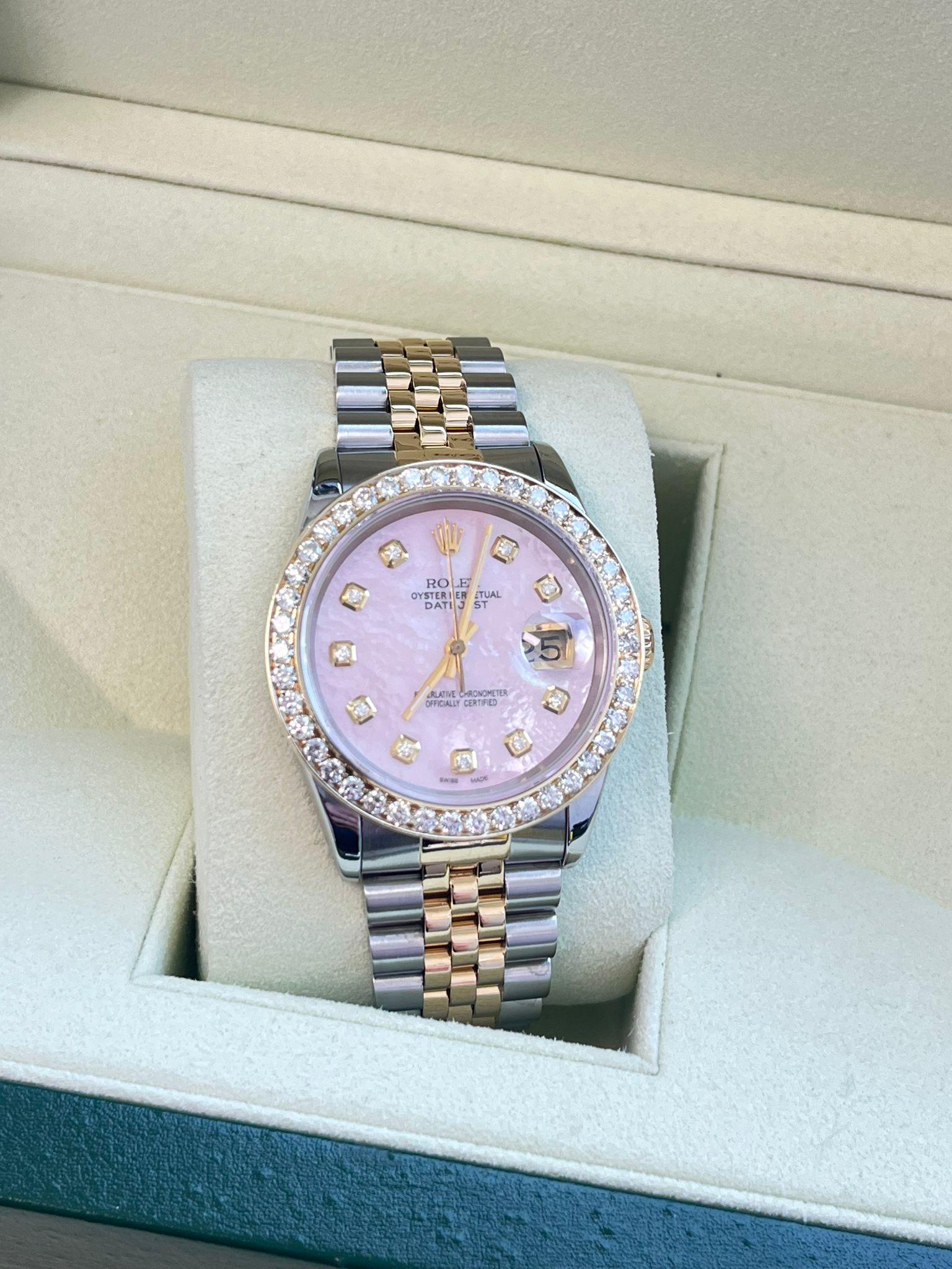 Rolex Datejust 36mm Perlmutt Diamant Zifferblatt Lünette Gold Stahl Uhr 16233 im Zustand „Gut“ im Angebot in Aventura, FL