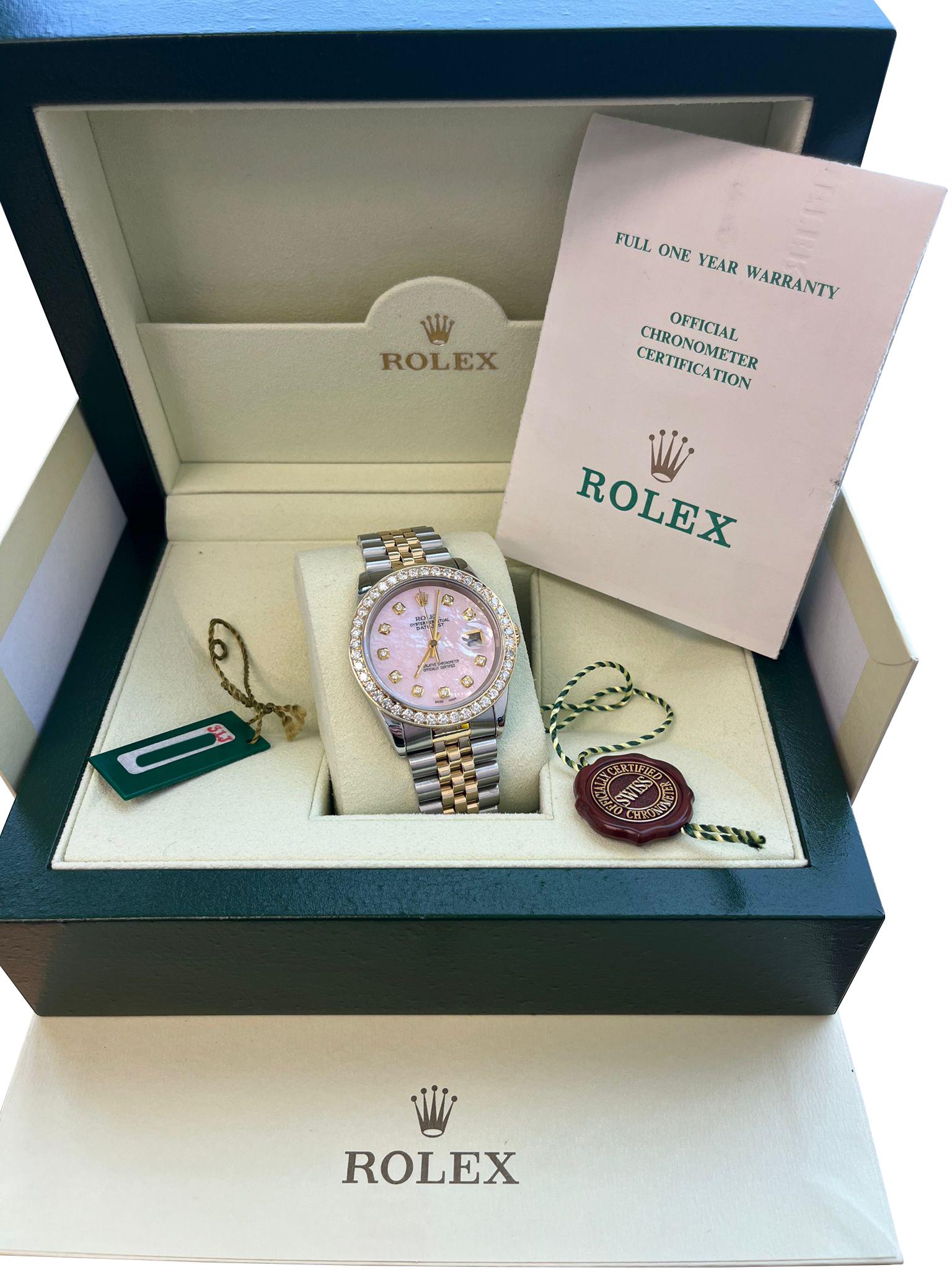 Rolex Datejust 36mm Perlmutt Diamant Zifferblatt Lünette Gold Stahl Uhr 16233 (Modernistisch) im Angebot