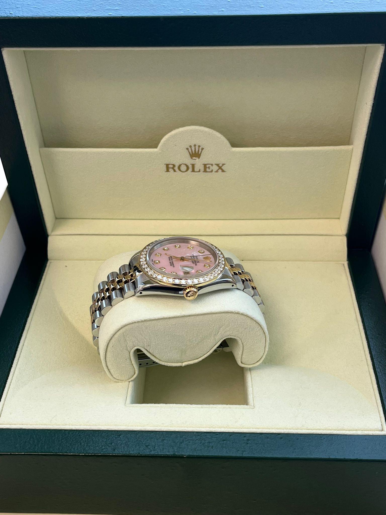 Rolex Datejust 36mm Perlmutt Diamant Zifferblatt Lünette Gold Stahl Uhr 16233 im Angebot 8