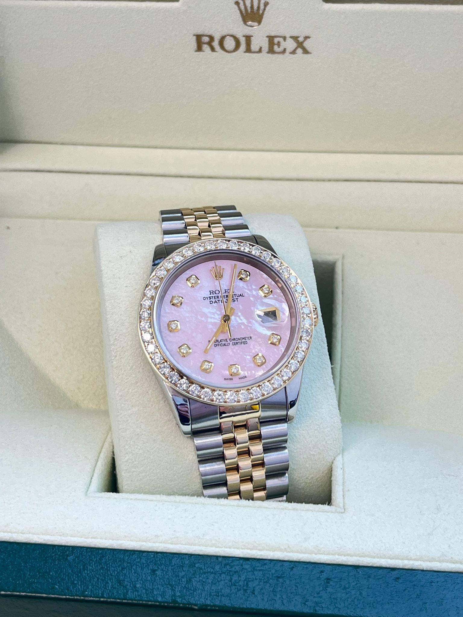 Rolex Datejust 36mm Perlmutt Diamant Zifferblatt Lünette Gold Stahl Uhr 16233 im Angebot 2