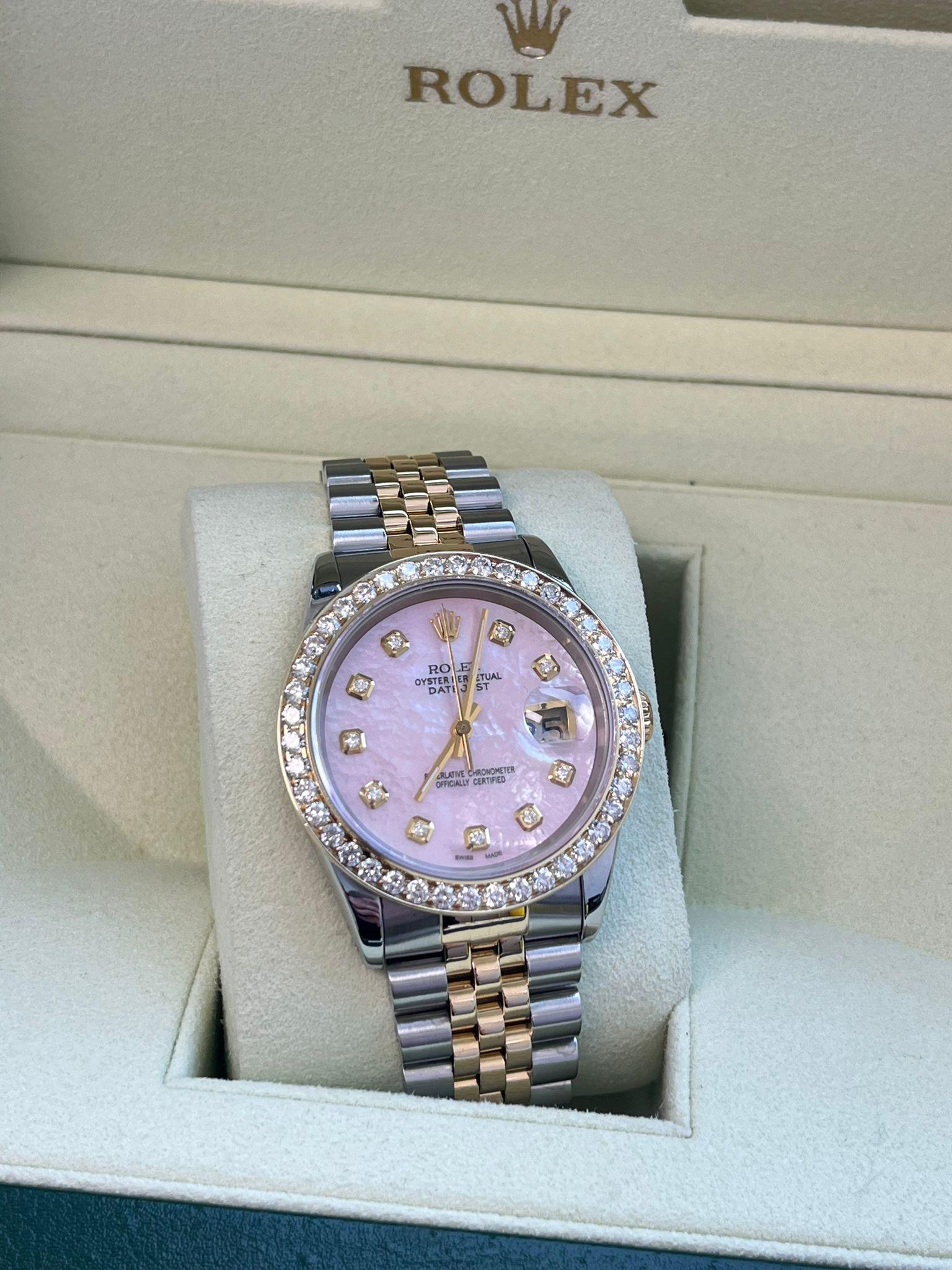 Rolex Datejust 36mm Perlmutt Diamant Zifferblatt Lünette Gold Stahl Uhr 16233 im Angebot 3