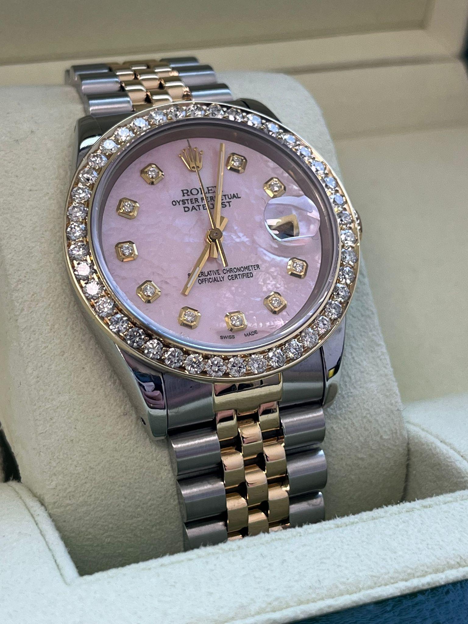 Rolex Datejust 36mm Perlmutt Diamant Zifferblatt Lünette Gold Stahl Uhr 16233 im Angebot 5