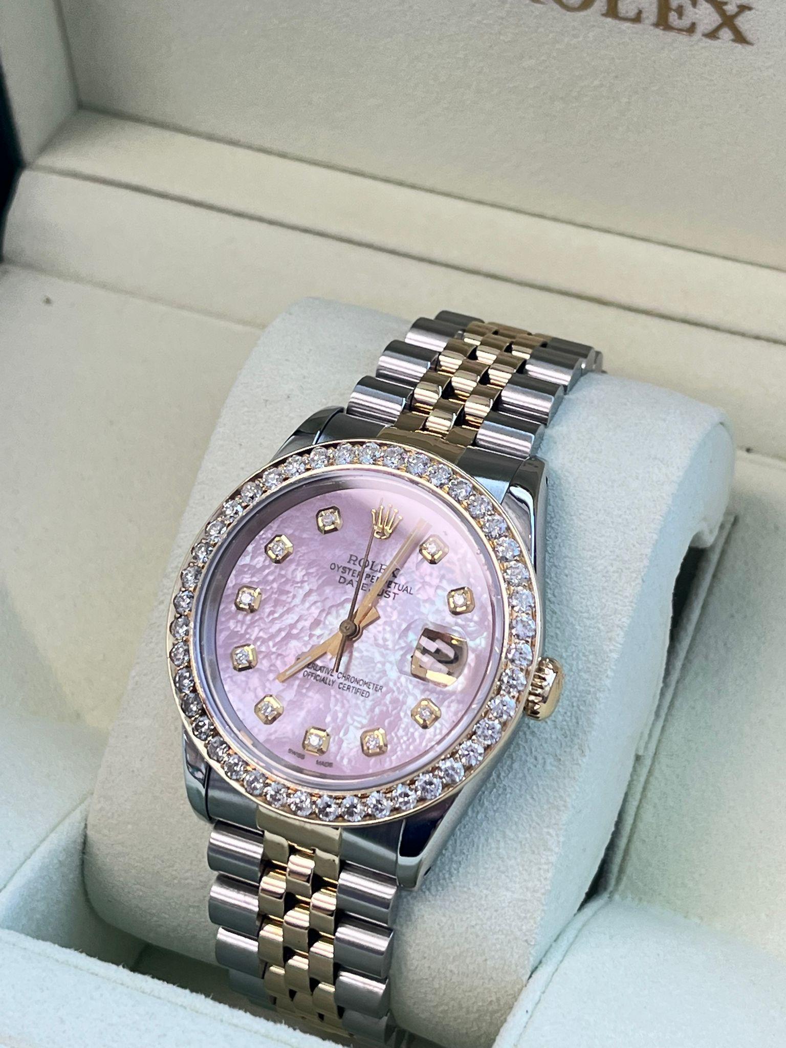 Rolex Datejust 36mm Perlmutt Diamant Zifferblatt Lünette Gold Stahl Uhr 16233 im Angebot 6