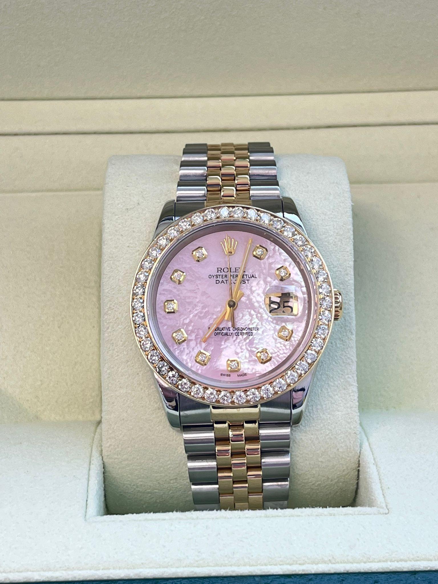 Rolex Datejust 36mm Perlmutt Diamant Zifferblatt Lünette Gold Stahl Uhr 16233 im Angebot 4