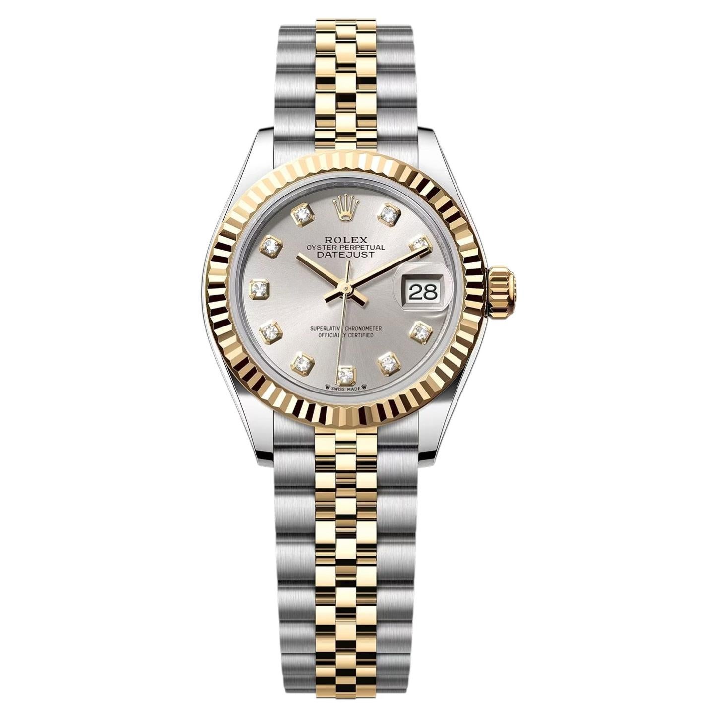 Reloj Rolex Lady-Datejust de 28 mm, con esfera plateada con diamantes, en oro amarillo y acero, referencia 279173