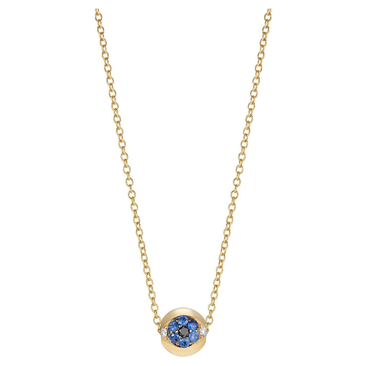 Sybarite Safety Pin All Seeing Eye Charm & Necklace in Yellow Gold & Sapphires For Sale
