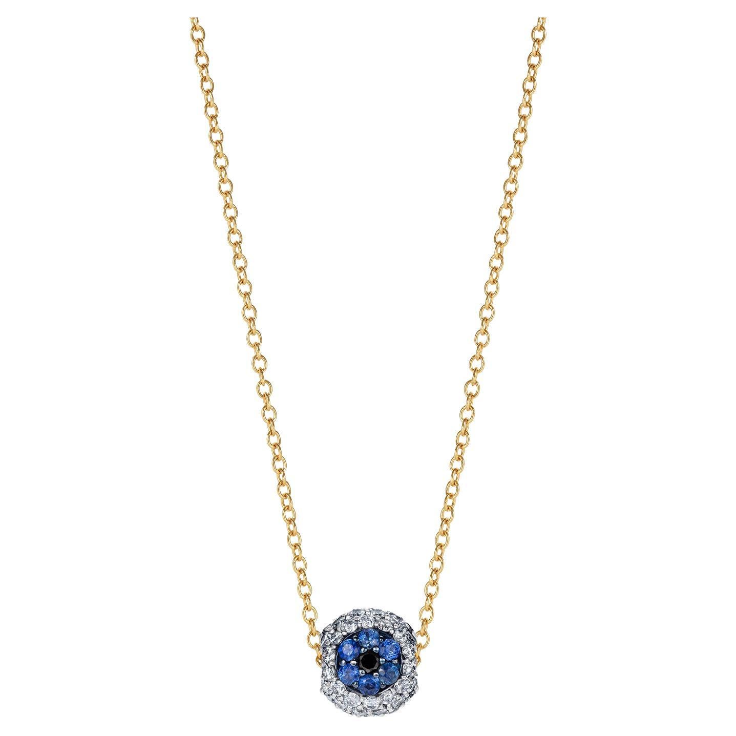 Sybarite Safety Pin All Seeing Eye Charm & Necklace in Yellow Gold & Sapphires