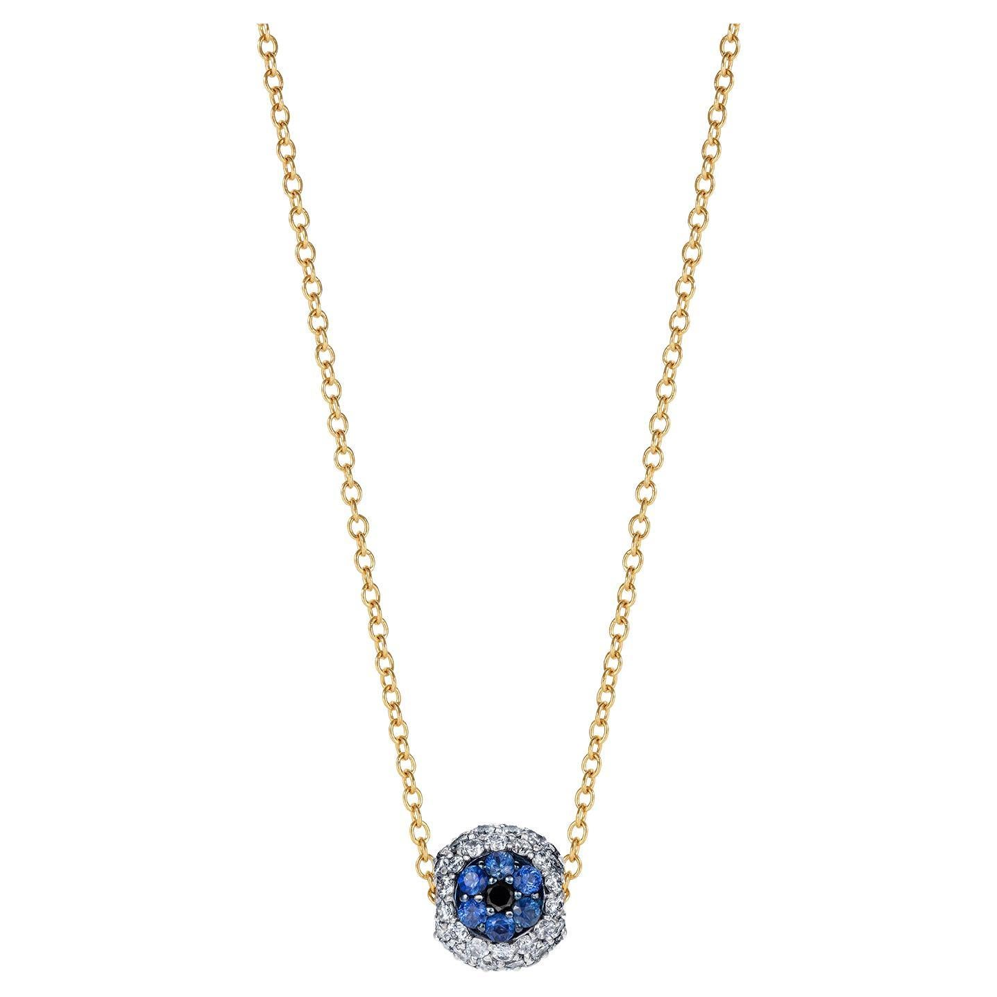 Sybarite Safety Pin All Seeing Eye Charm & Necklace in Yellow Gold & Sapphires For Sale