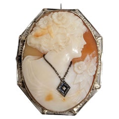 14kt White Gold Cameo Pin, Shell, Victorian Era, 19x15x10mm, Lady w/Single Cut