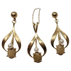 Ensemble collier boucles d'oreilles pendantes en or jaune 14 carats, perles blanches, beige ovale, chaîne