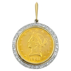 1901 $10 Liberty Head Gold Coin Pendant with Diamond Halo in 14 Karat Gold