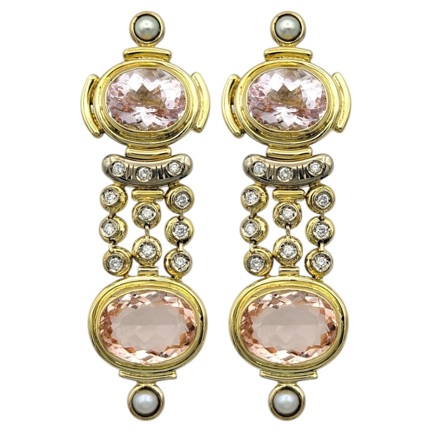 Morganite, Diamond & Cultured Pearl Convertible Dangle Earrings in 18 Karat Gold For Sale