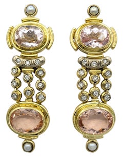 Morganite, Diamond & Cultured Pearl Convertible Dangle Earrings in 18 Karat Gold
