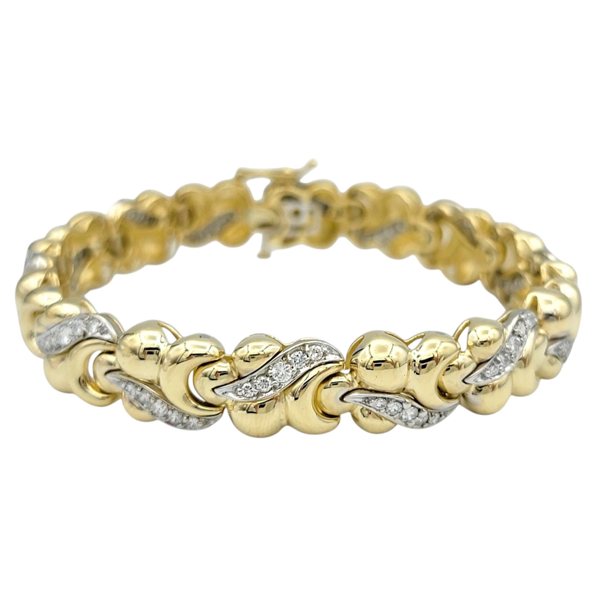 Chunky Curved Link Bracelet with Diamonds in Two Tone 14 Karat Gold For Sale