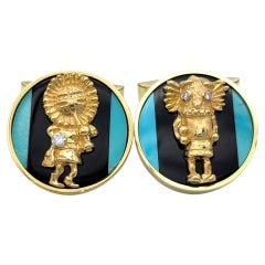 Turquoise, Onyx and Diamond Kachina Motif Cufflinks in 18 Karat Yellow Gold