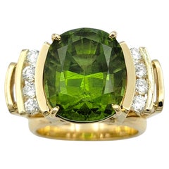 Bague de cocktail en péridot de 18,6 carats, taille « coussin », sertie de diamants, en or jaune 14 carats