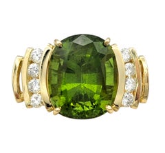 18.6 Carat Cushion Cut Peridot Cocktail Ring with Diamonds 14 Karat Yellow Gold