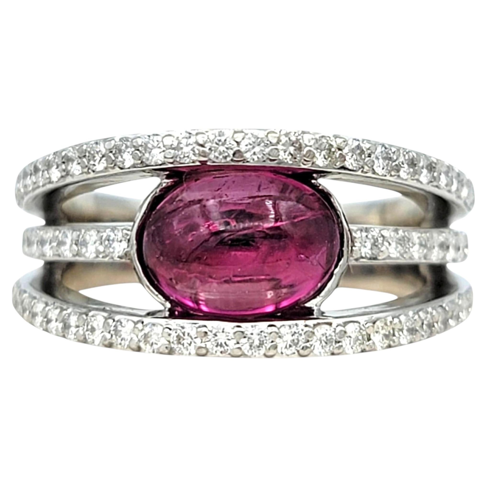 Cabochon Pink Tourmaline & Pavé Diamond Multi Row Band Ring 14 Karat White Gold For Sale