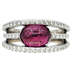 Cabochon Pink Tourmaline & Pavé Diamond Multi Row Band Ring 14 Karat White Gold