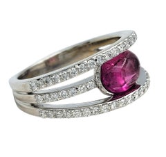 Cabochon Pink Tourmaline & Pavé Diamond Multi Row Band Ring 14 Karat White Gold