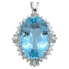 29.30 Carat Oval Cut Aquamarine Pendant with Diamonds in 14 Karat White Gold