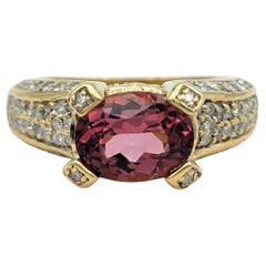 Oval Cut East West Pink Tourmaline Band Ring with Diamonds 14 Karat Yellow Gold
