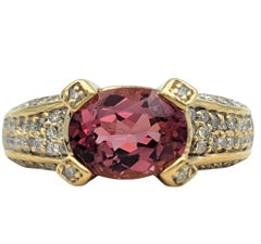 Oval Cut East West Pink Tourmaline Band Ring with Diamonds 14 Karat Yellow Gold