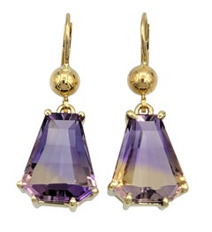 8.35 Carats Total Trapzeoid Cut Ametrine Dangle Earrings in 14 Karat Yellow Gold