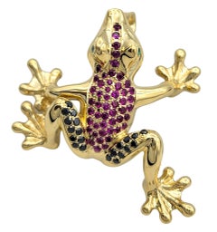 Barry Stein Ruby, Emerald and Black Diamond Frog Pendant in 18 Karat Yellow Gold