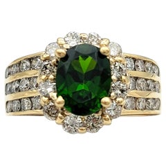 Oval Cut Green Tourmaline Ring with Multi Row Diamond Band 14 Karat Yellow Gold