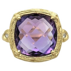 Cabochon Cushion Checkered Cut Amethyst Cocktail Ring with Diamonds in 14K Gold