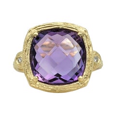 Cabochon Cushion Checkered Cut Amethyst Cocktail Ring with Diamonds in 14K Gold