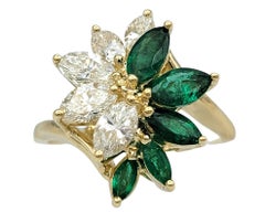 Marquise Cut Emerald and Diamond Flower Cluster Ring in 14 Karat Yellow Gold