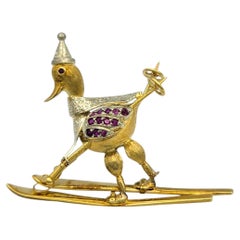 Custom Skiing Winter Duck Brooch with Rubies in Two Tone 18 Karat Gold