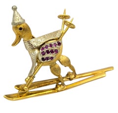 Custom Skiing Winter Duck Brooch with Rubies in Two Tone 18 Karat Gold